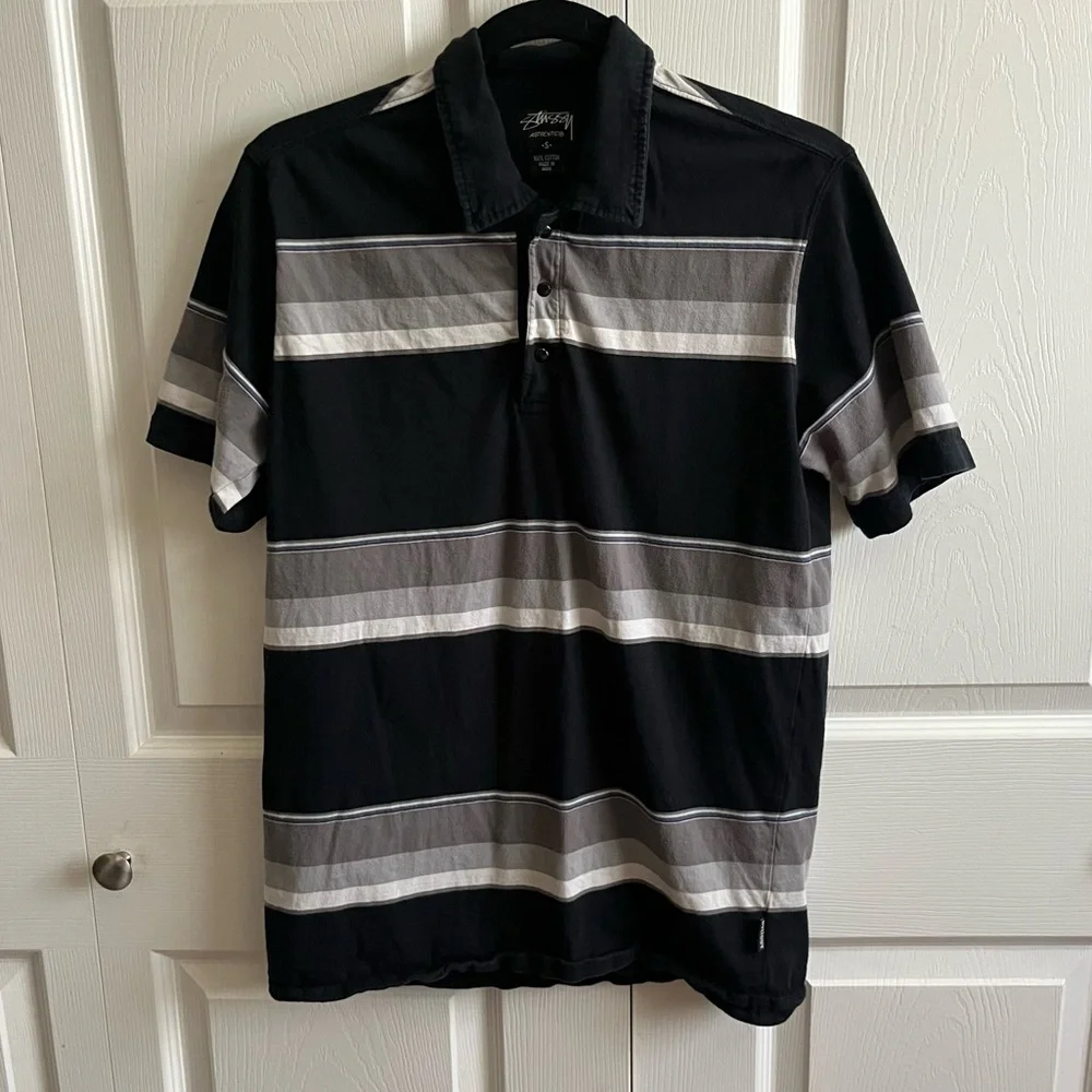 Stussy Men's Black and Gray Striped Polo Shirt